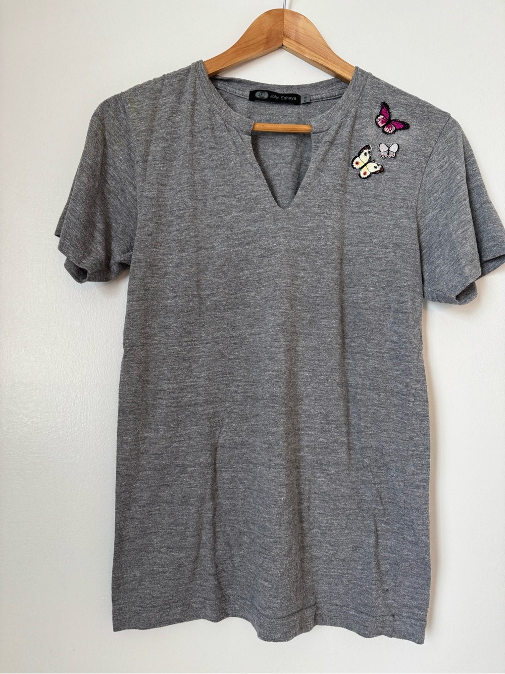 Grey Butterfly Embroidered V-Neck Women's Top